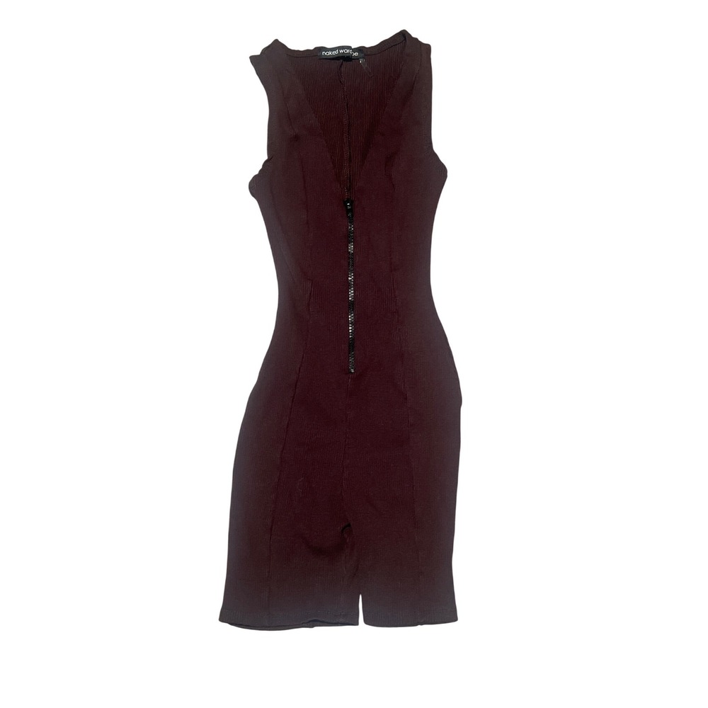 Naked Wardrobe Ribbed Zipper Front Short Romper Jumpsuit Brown‎ Size S
